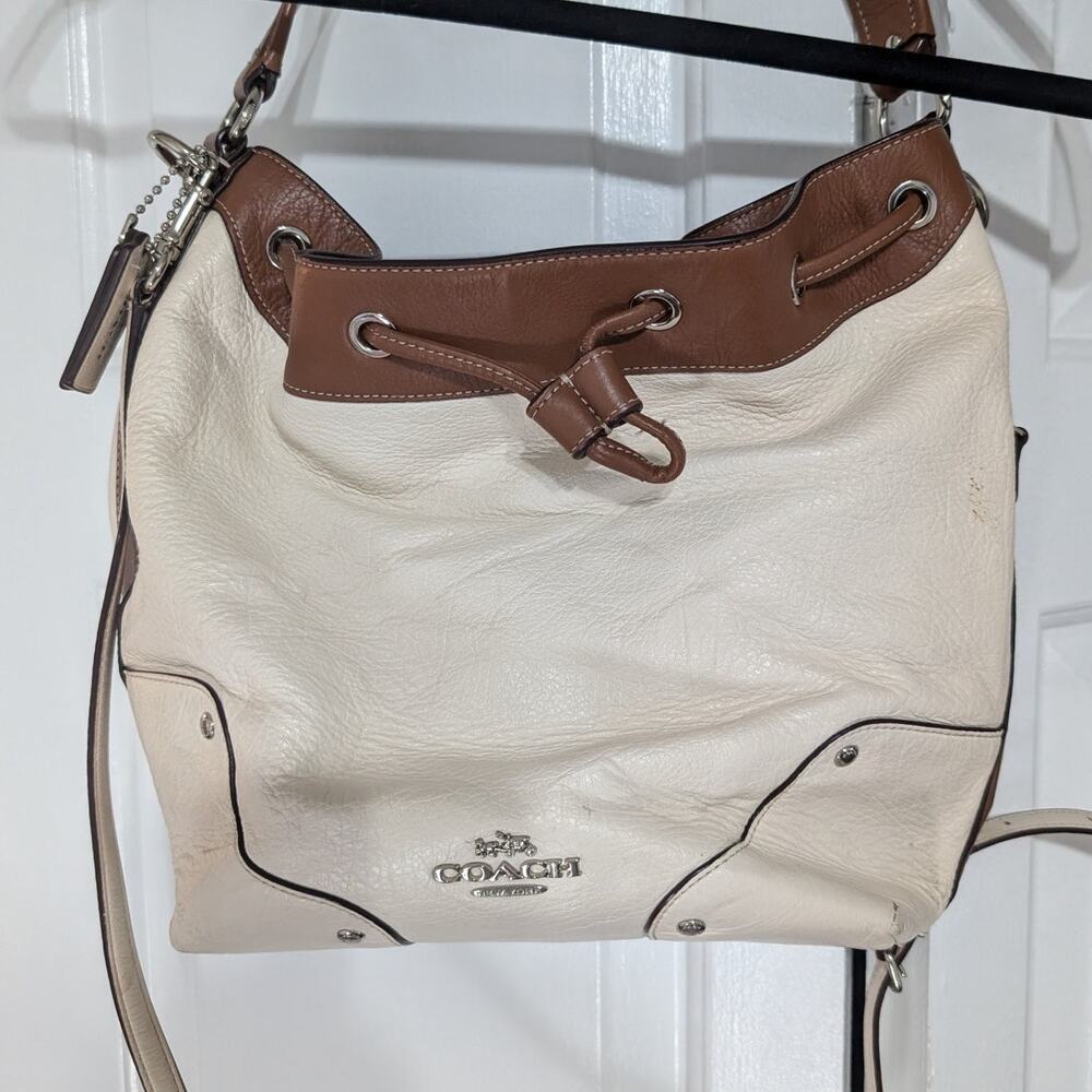 Coach F37680 Mickie Drawstring Spectator Leather Shoulder Chalk & Saddle Pebble